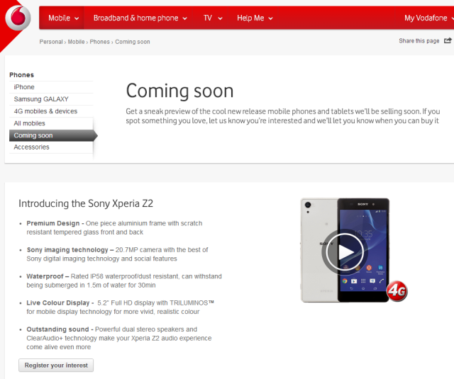 Vodafone NZ Xperia Z2