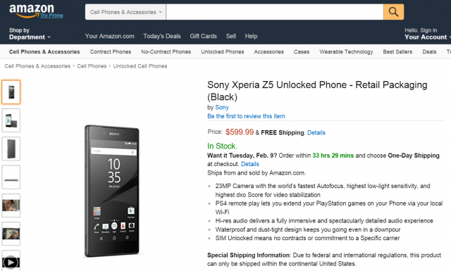 Xperia Z5 on sale in US