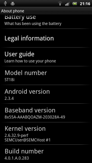 Xperia ray Android 2.3.4
